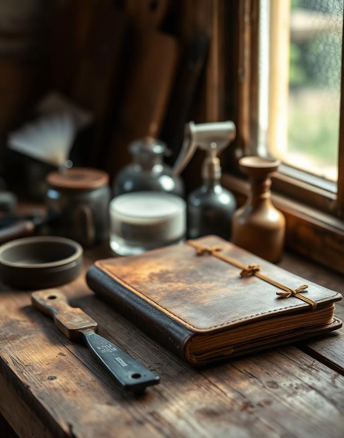 Herramientas y libro de pedidos sobre mesa de madera, simbolizando la herencia de la empresa